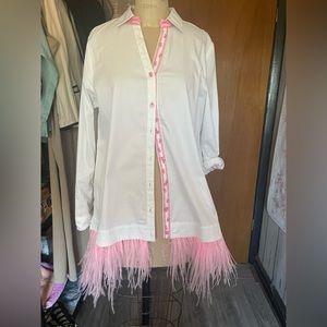 Berek white shirt dress with pink feather hem